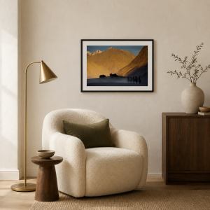 Beneath Mountains of Gold displayed in a contemporary living room — illustrative mockup
