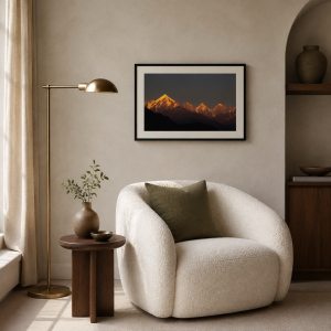 The Mountains Catch Fire displayed in a contemporary living room — illustrative mockup