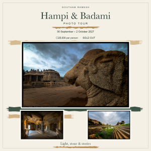 Hampi and Badami photo tour cover using three original Hampi gallery photographs with decorative brush strokes. 30 September–2 October 2027, ₹25,000, sold out.