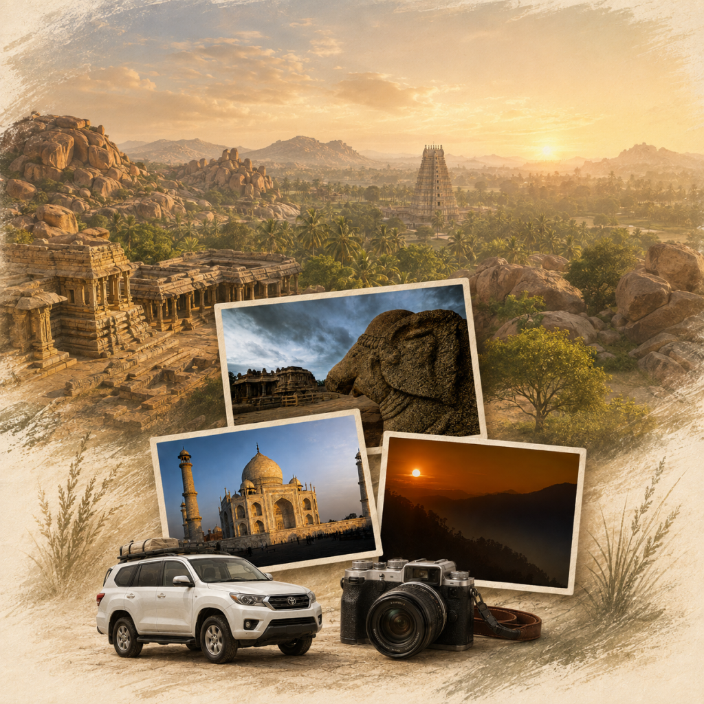 AI-generated Hampi landscape behind travel photographs, a touring vehicle and camera