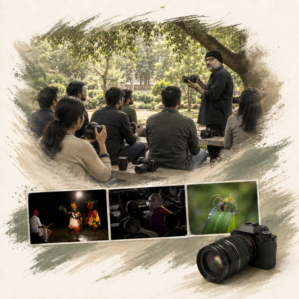 AI illustration of Goutham teaching photography outdoors, with photo studies and a camera in an ivory and olive collage